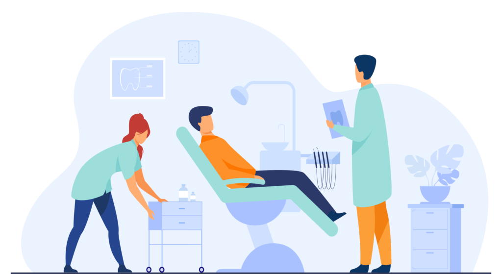 A dentist and dental assistant talking to a patient in a chair.